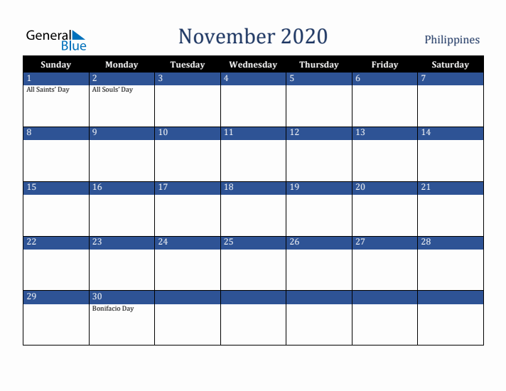 November 2020 Philippines Calendar (Sunday Start)
