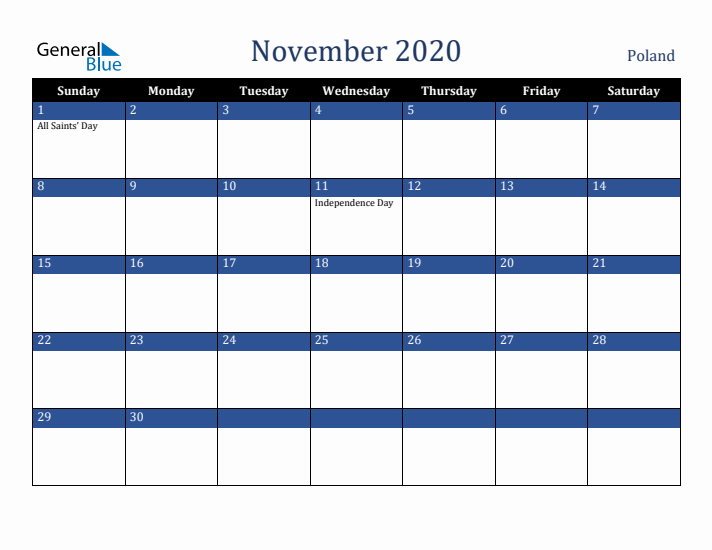 November 2020 Poland Calendar (Sunday Start)