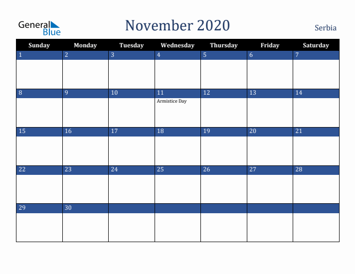November 2020 Serbia Calendar (Sunday Start)