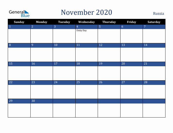 November 2020 Russia Calendar (Sunday Start)