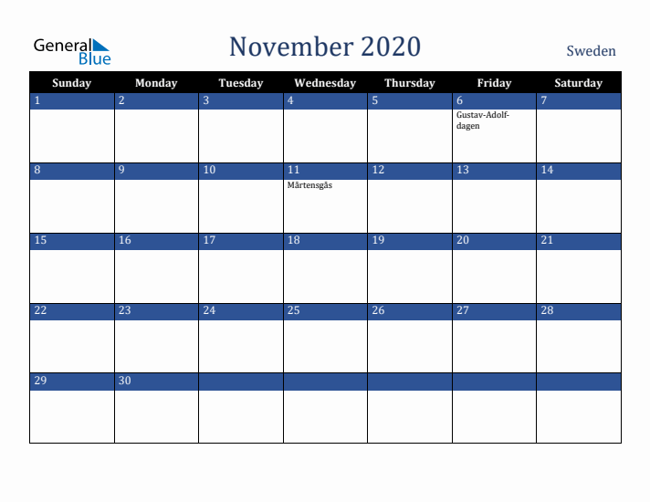 November 2020 Sweden Calendar (Sunday Start)