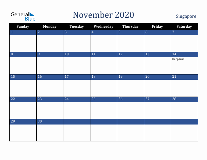 November 2020 Singapore Calendar (Sunday Start)