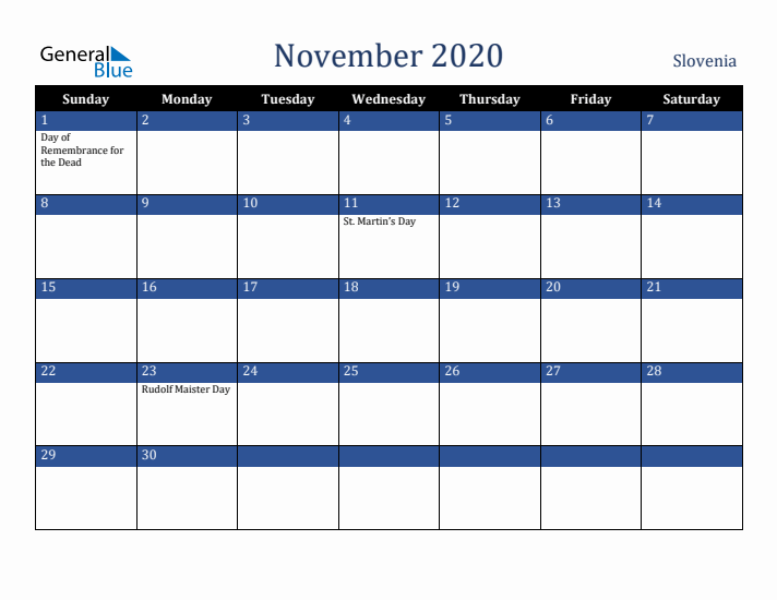 November 2020 Slovenia Calendar (Sunday Start)