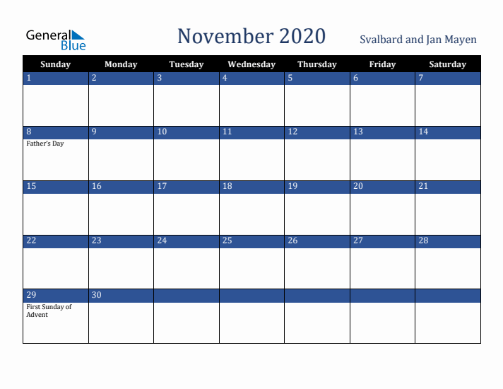 November 2020 Svalbard and Jan Mayen Calendar (Sunday Start)