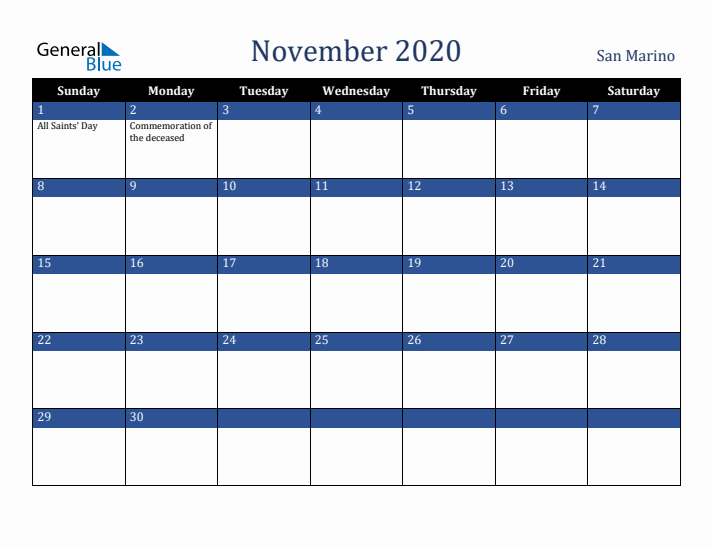 November 2020 San Marino Calendar (Sunday Start)