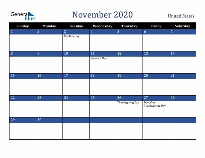 November 2020 United States Calendar (Sunday Start)