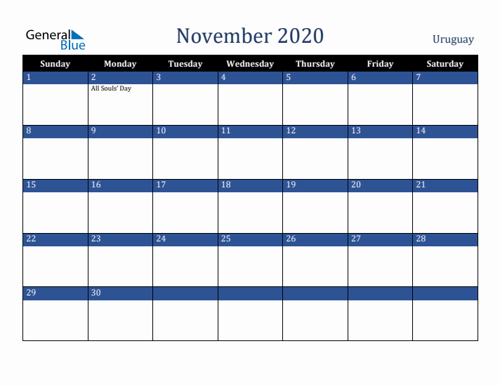 November 2020 Uruguay Calendar (Sunday Start)