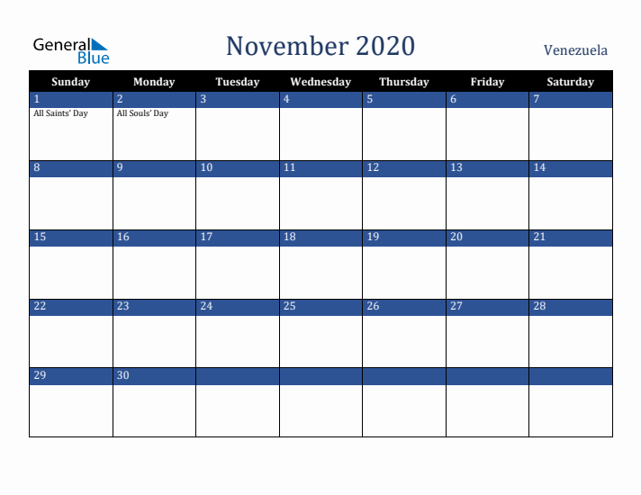 November 2020 Venezuela Calendar (Sunday Start)