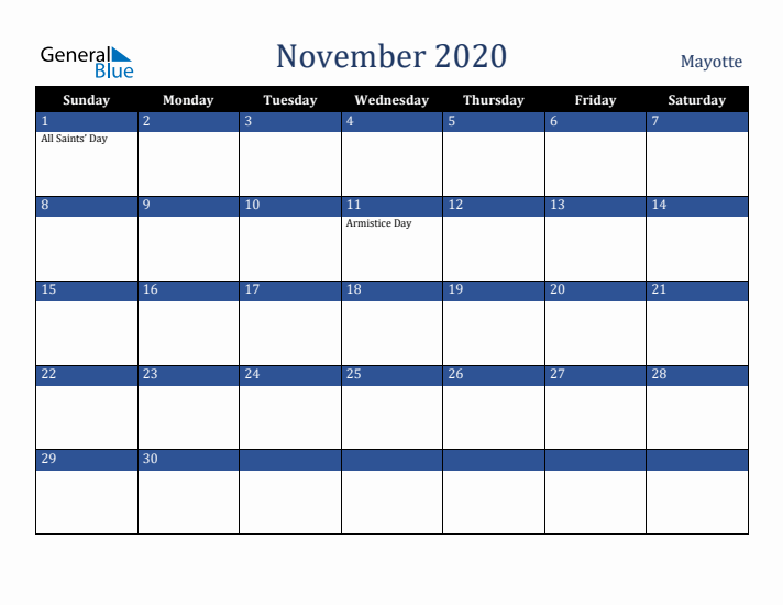 November 2020 Mayotte Calendar (Sunday Start)