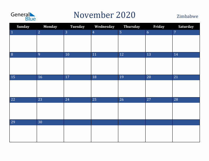 November 2020 Zimbabwe Calendar (Sunday Start)