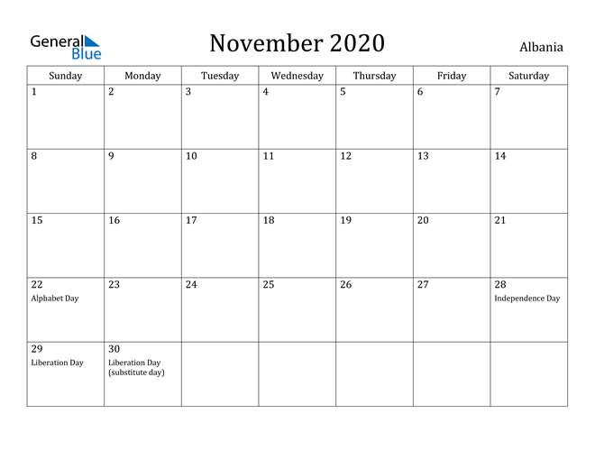 November 2020 Calendar Albania