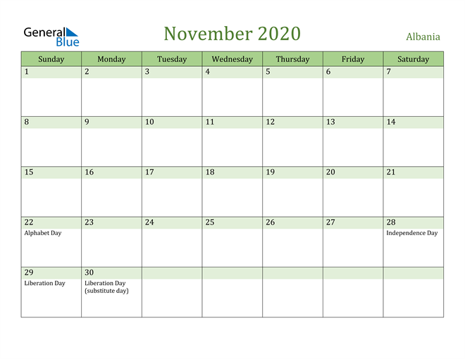 November 2020 Calendar with Albania Holidays