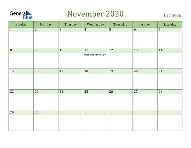 November 2020 Calendar with Bermuda Holidays