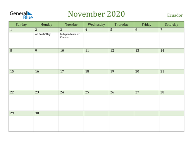 November 2020 Calendar with Ecuador Holidays
