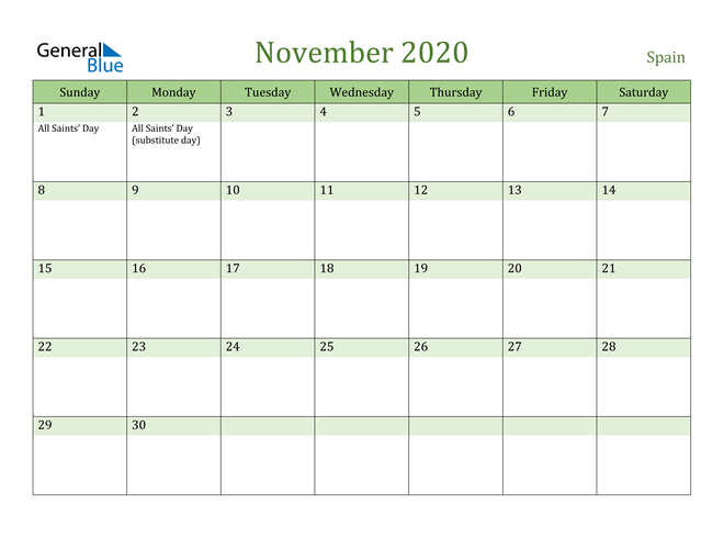 November 2020 Calendar with Spain Holidays