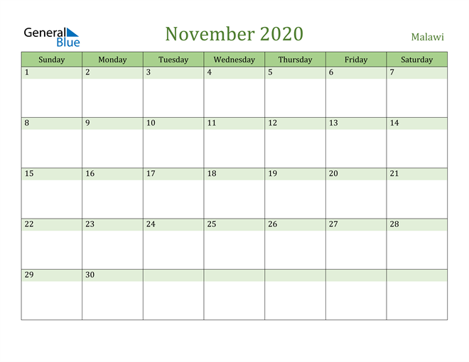 November 2020 Calendar with Malawi Holidays