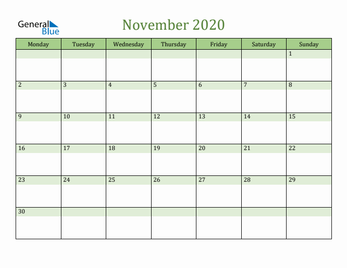 November 2020 Calendar with Monday Start