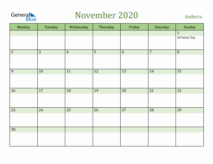 November 2020 Calendar with Andorra Holidays