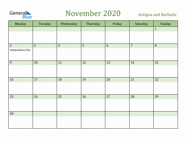 November 2020 Calendar with Antigua and Barbuda Holidays