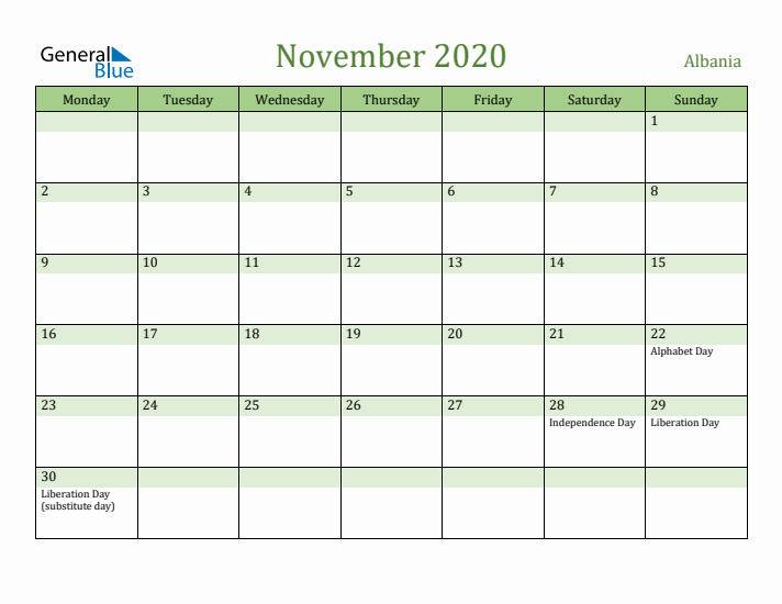 November 2020 Calendar with Albania Holidays