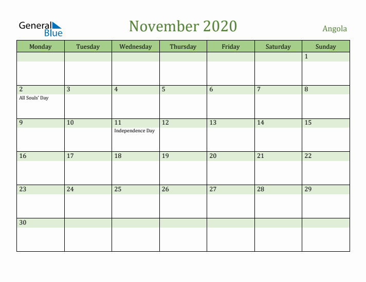 November 2020 Calendar with Angola Holidays