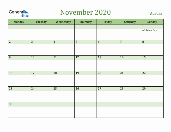 November 2020 Calendar with Austria Holidays