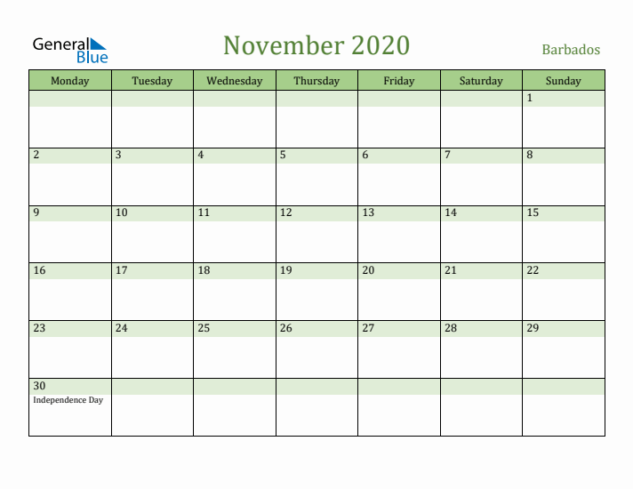 November 2020 Calendar with Barbados Holidays
