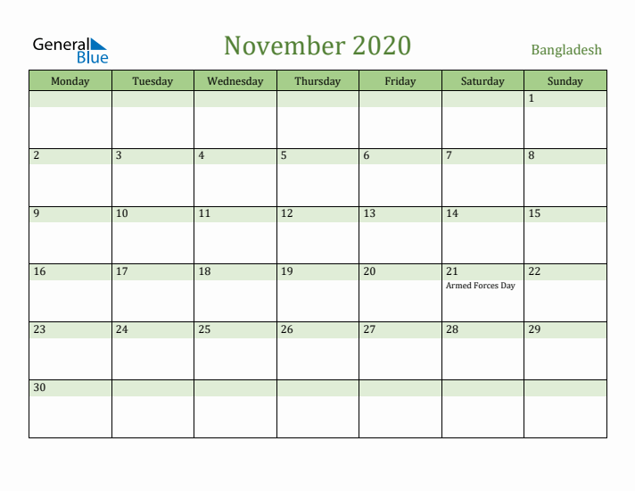November 2020 Calendar with Bangladesh Holidays