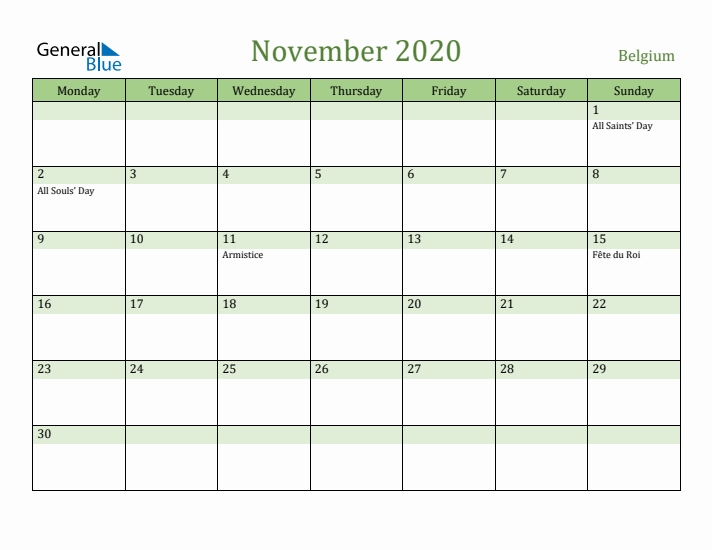 November 2020 Calendar with Belgium Holidays