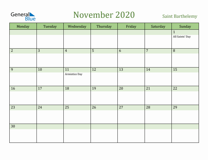 November 2020 Calendar with Saint Barthelemy Holidays