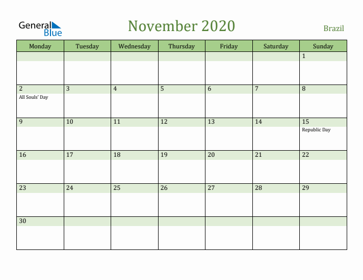 November 2020 Calendar with Brazil Holidays