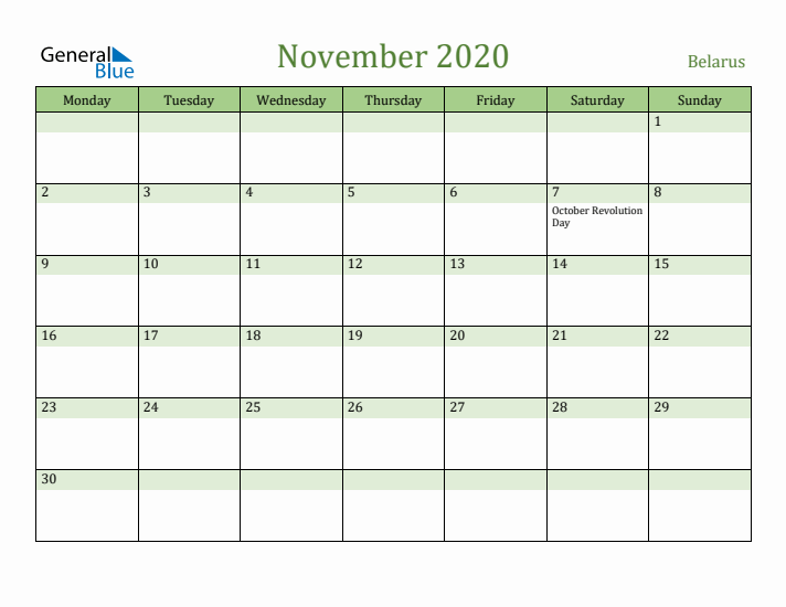November 2020 Calendar with Belarus Holidays