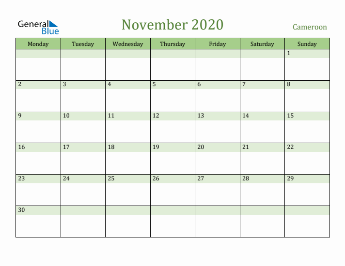November 2020 Calendar with Cameroon Holidays