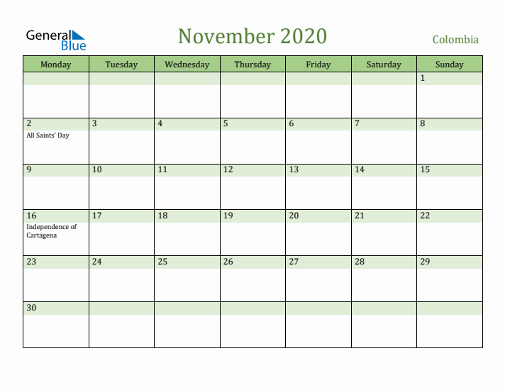 November 2020 Calendar with Colombia Holidays