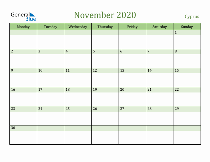 November 2020 Calendar with Cyprus Holidays