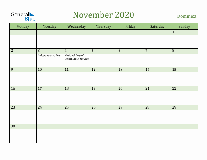November 2020 Calendar with Dominica Holidays