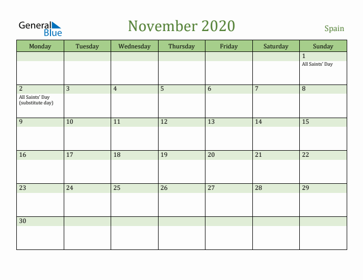 November 2020 Calendar with Spain Holidays