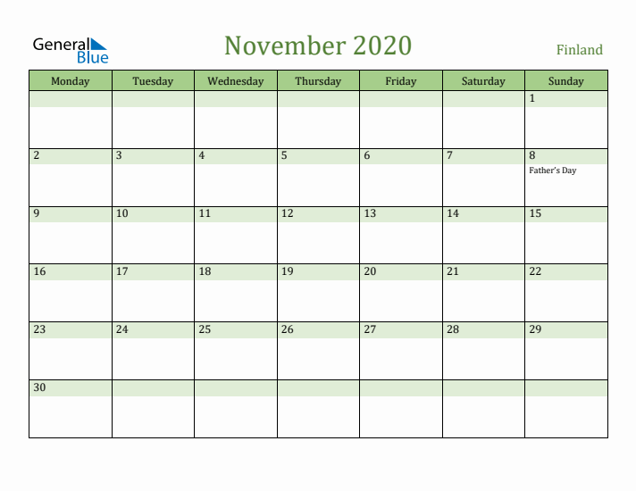 November 2020 Calendar with Finland Holidays