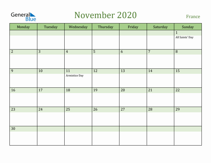 November 2020 Calendar with France Holidays