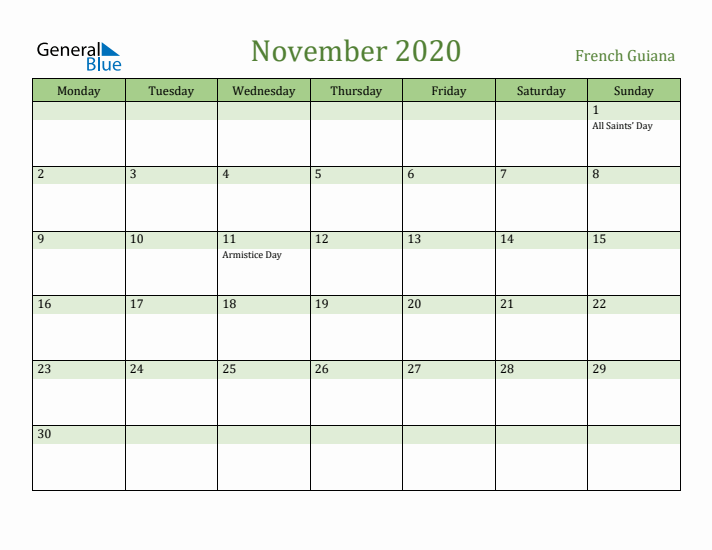 November 2020 Calendar with French Guiana Holidays