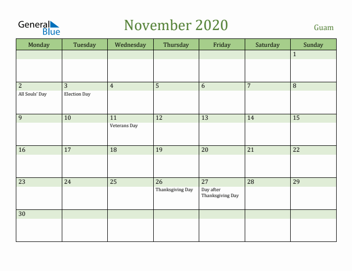 November 2020 Calendar with Guam Holidays