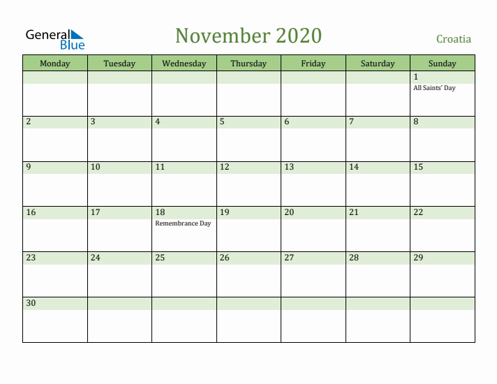 November 2020 Calendar with Croatia Holidays