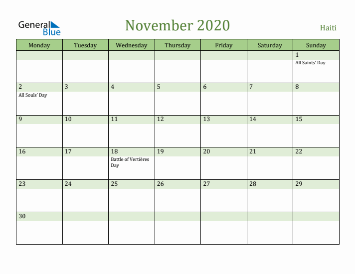 November 2020 Calendar with Haiti Holidays