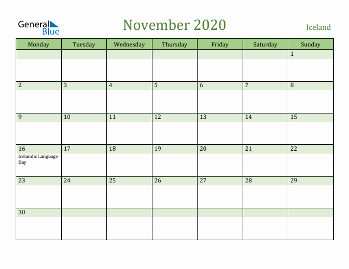 November 2020 Calendar with Iceland Holidays