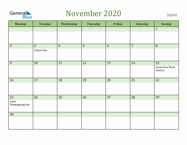 November 2020 Calendar with Japan Holidays