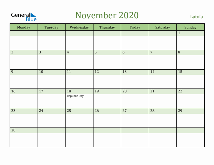 November 2020 Calendar with Latvia Holidays