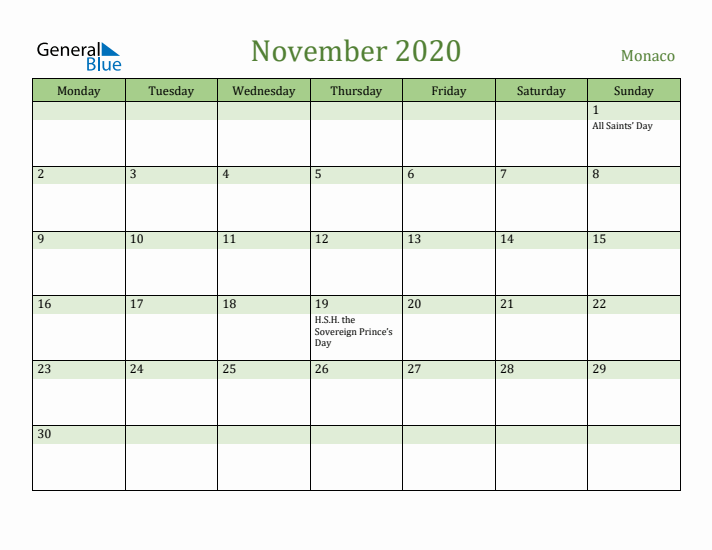 November 2020 Calendar with Monaco Holidays