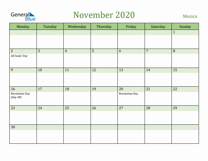 November 2020 Calendar with Mexico Holidays