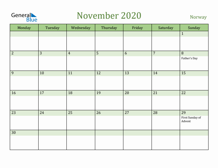 November 2020 Calendar with Norway Holidays