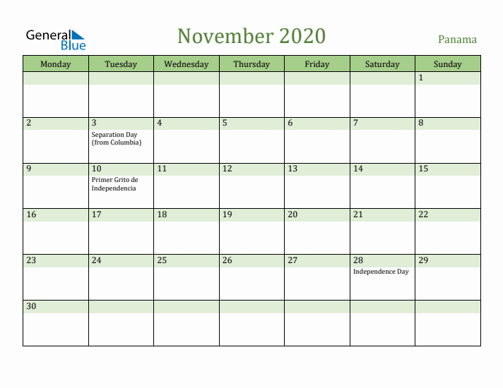 November 2020 Calendar with Panama Holidays